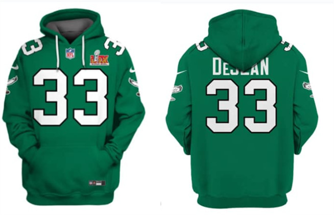 Men's Philadelphia Eagles #33 Cooper DeJean Green 2025 Super Bowl LIX Patch Pullover Hoodie Men's Philadelphia Eagles #33 Cooper DeJean Green 2025 Super Bowl LIX Patch Pullover Hoodie